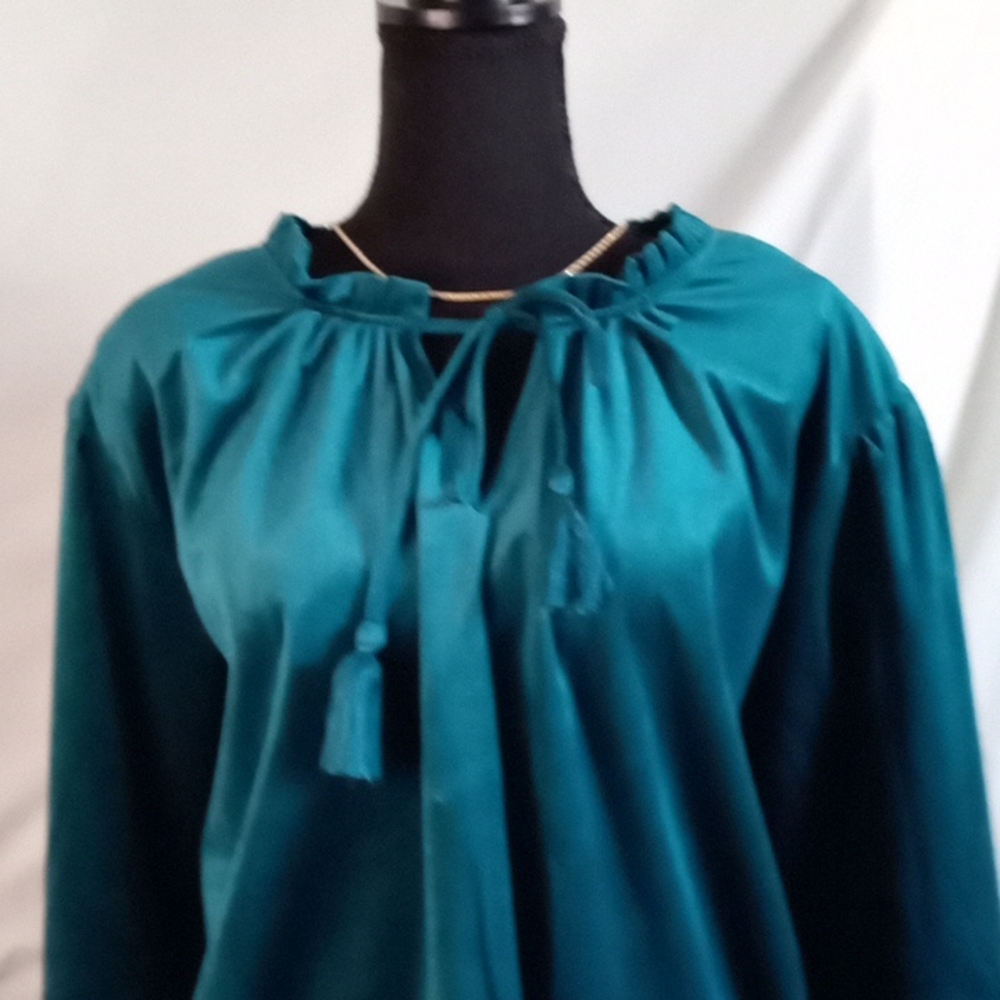 Cato Teal Satin Peasant Blouse with Tassel Tie